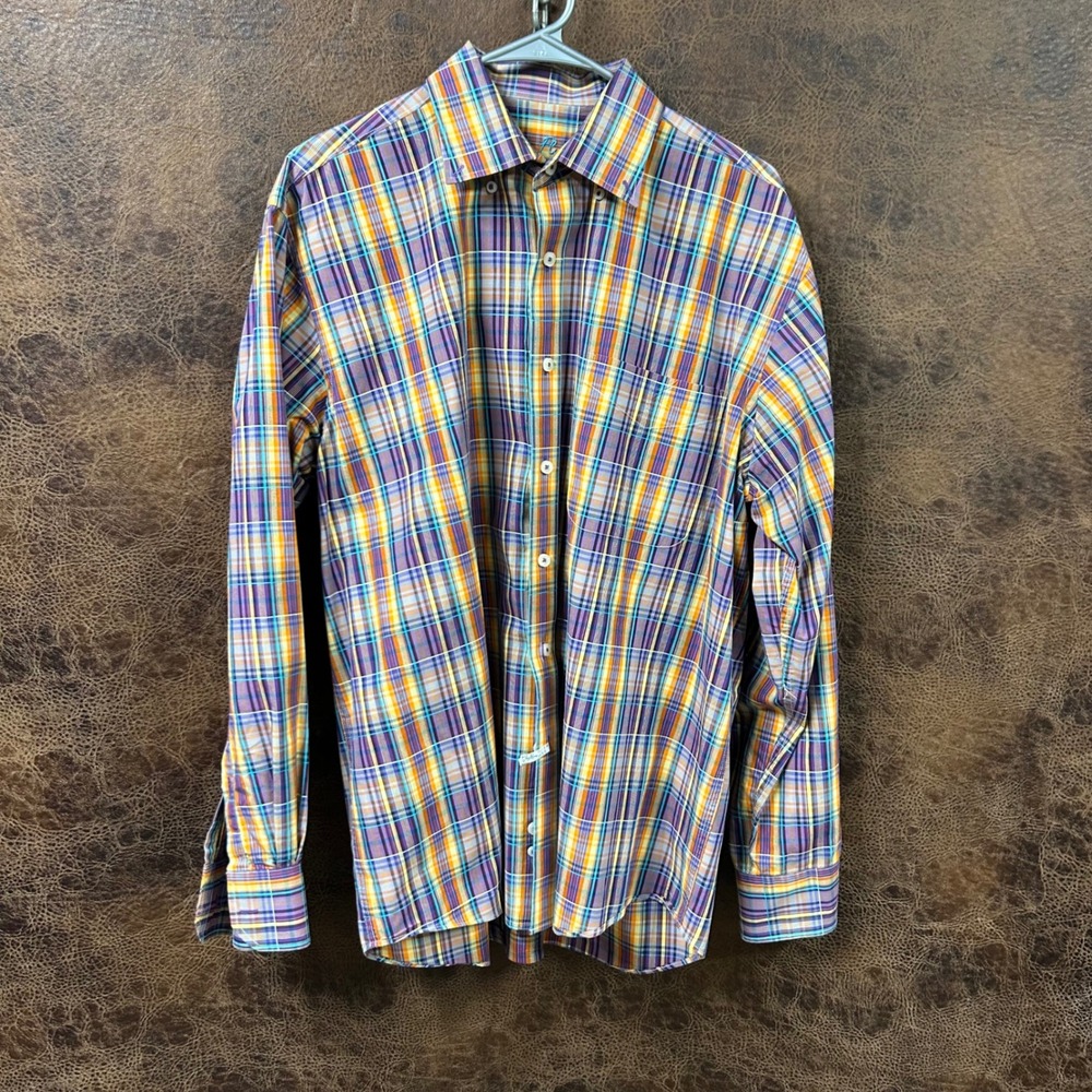Alan Flusser Plaid Large Shirt Long Sleeve Purple Orange Teal Yellow‎